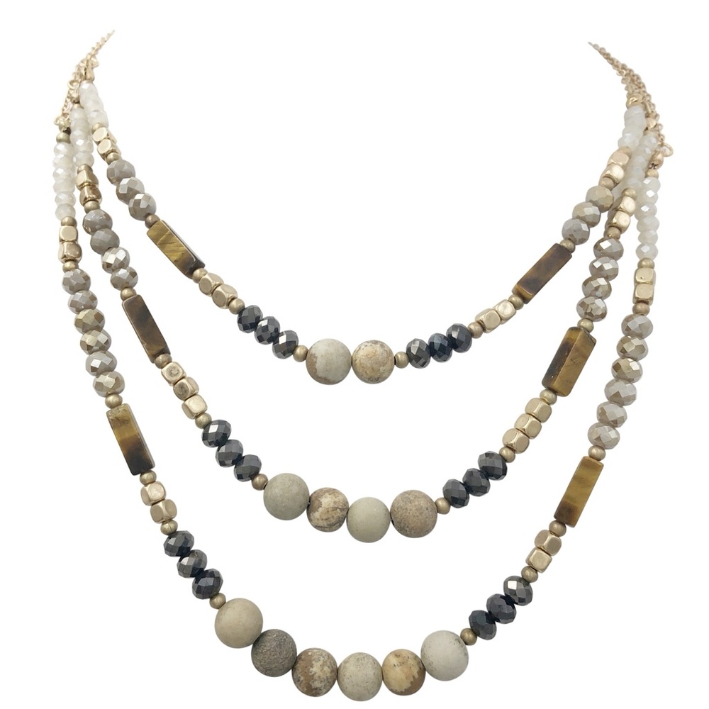 3 Row Layered Brown Grey Stone Glass Bead Necklace - Picture 1 of 3